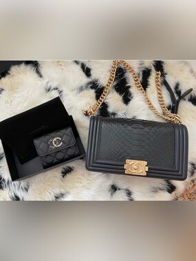 CHANEL Black Python Boy Shoulder Bag with Gold Hardware